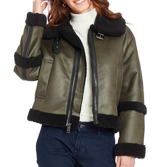 NEW Frye Women Water Resistant Faux Leather Shearling Aviator Jacket Coat -Large - Picture 3 of 16